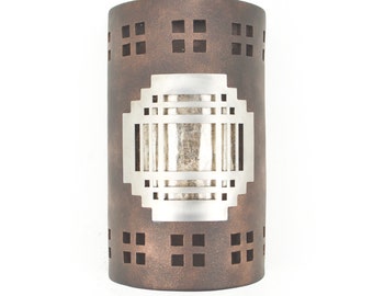 Stainless Steel Mission Cover w/Silver Mica lens, Windows Border design, Molten Lava, 14" Open Top Craftsman Light