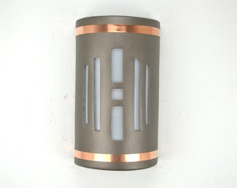 Craftsman Style Wall Sconce, Anodized Bronze with Raw Copper Bands, 14" Closed Top,Indoor/Outdoor Light