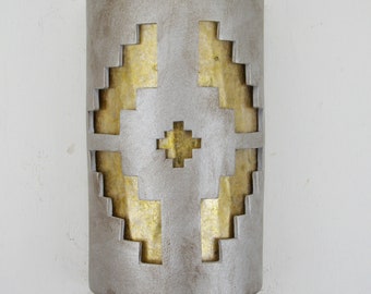 FLW Block Style Ventana Design in Pewter Color with Silver Mica Lens, 14" Southwestern light