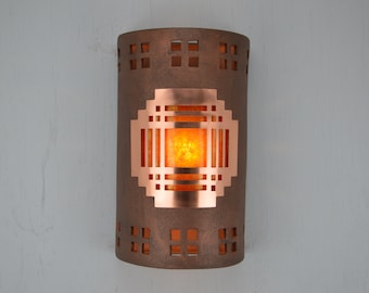 Mission Style Copper Cover & Windows Border design Wall Sconce: Antique Copper Finish, Amber Mica Lens 14" Closed Top