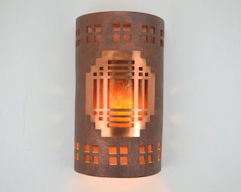 Craftsman Mission Copper Cover w/Windows Border Design 14" Wall Sconce: Antique Copper w/ Amber Mica Lens