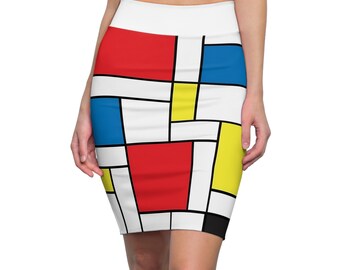 Geometric Harmony: Mondrian-inspired Women's Pencil Skirt | Fashionable Skirt | Artistic Expression