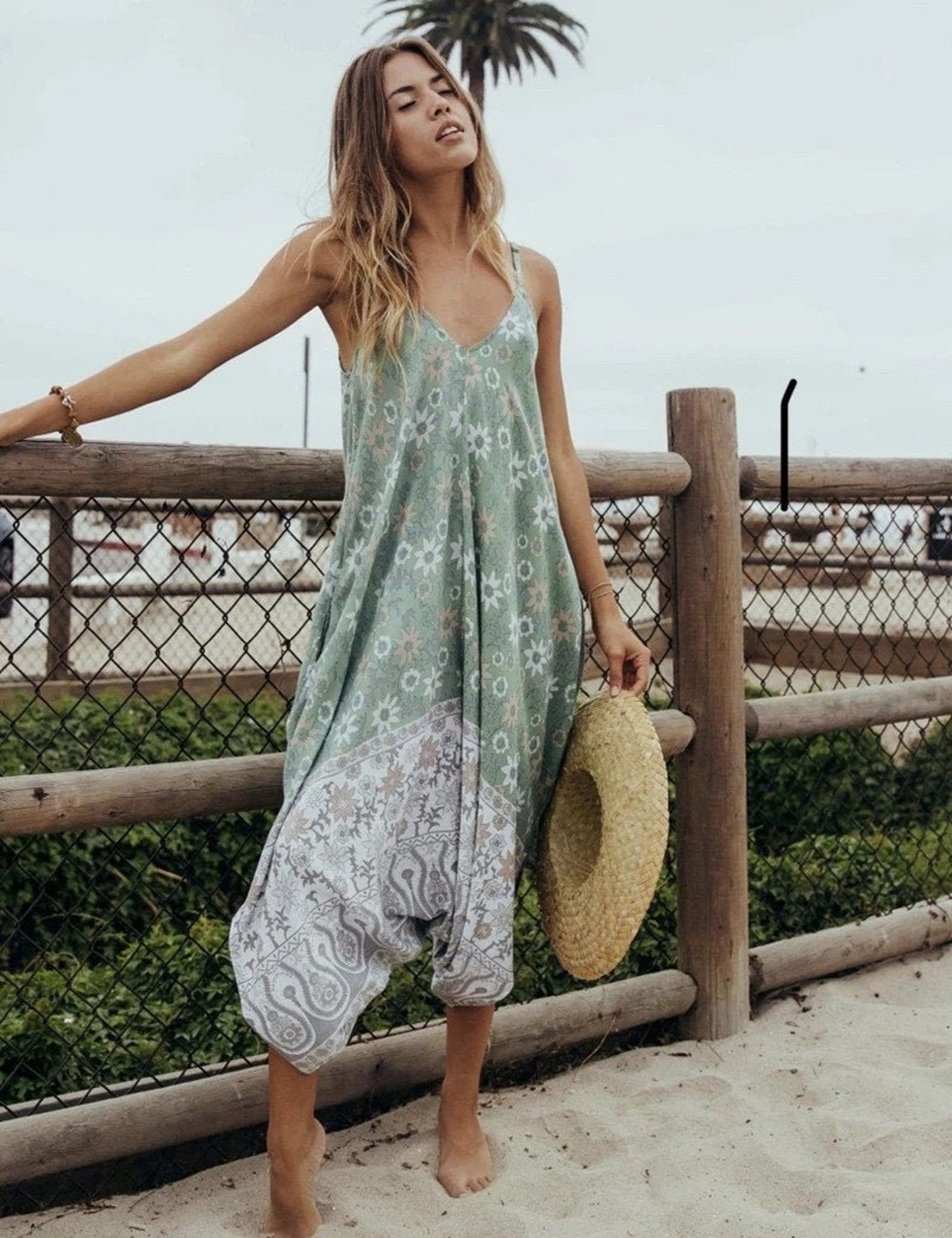  Bali  Boho Floral Print Genie Jumpsuit Combinaison hippie 