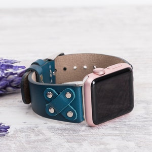 Leather Apple Watch Band 38mm 40mm 42mm 44mm, Handmade Silver Cross Rivets Blue Strap, Series 6 5 4 3 2 1, Unisex Apple Watch Band
