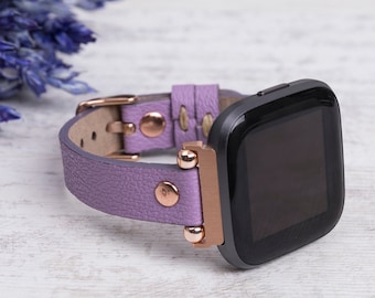 Correa para Fitbit Versa de cuero lila hecha a mano con detalles en oro rosa