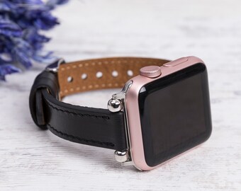 Pulseira fina de couro preto feita à mão para Apple Watch, aço inoxidável