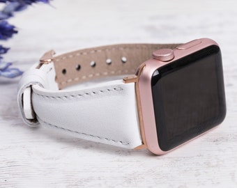Pulseira artesanal em couro branco para Apple Watch, aço inoxidável, 38/40/42/44 mm
