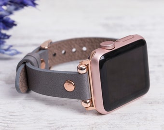Slim Leather Apple Watch Band, Stainless Steel, 38mm 40mm 42mm 44mm
