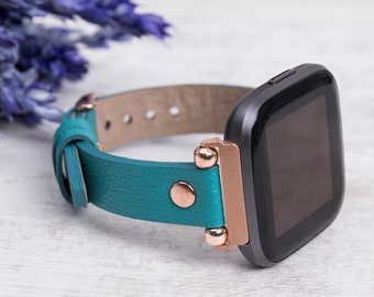 Handgjort grönt läderarmband för Fitbit Versa 2, roségulddetaljer