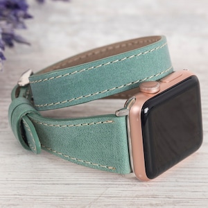 Green Leather Apple Watch Band 38mm 40mm 42mm 44mm, Slim Double Wrap Apple Watch Band, Series SE 7 6 5 4, Gift For Her, Mother&#39;s Day Gift