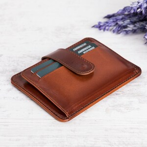 Cartera delgada de cuero marrón, cartera delgada hecha a mano, cartera minimalista unisex, regalo del Día de la Madre