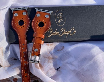 Handmade Full Grain Leather Apple Watch Band, Silver Adapters