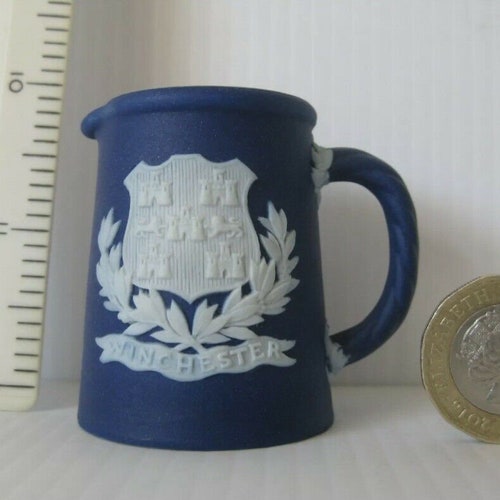 Wedgwood Dark Blue shops Jasper Dip Miniature Jug Souvenir Ware Winchester Crest C1891
