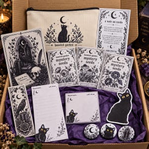 Gotisk trädgårdspresentset | Överraskningsfröpresent | Halloween-present för växtälskare | Spöklik brevpapperspresent | Stuga-goth