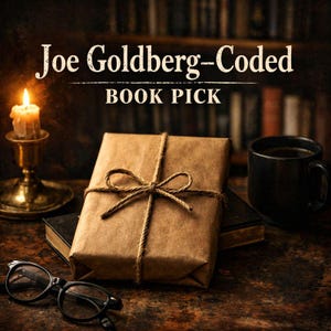 May include: A book wrapped in brown paper tied with twine, with the text "Joe Goldberg-Coded BOOK PICK". A lit candle in a brass holder, a black coffee mug, and a pair of glasses are also visible.
