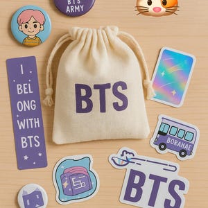 BTS Themed Mystery Gift Bag - 7 Kpop Fanmade Items + 2 Bonus Themed Gifts - Self Care, Birthday, or Stationery