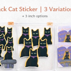 May include: Black cat stickers in three variations. The stickers feature black cats with yellow outlines and purple collars. Some cats are sitting on a gray structure. The text "Black Cat Sticker | 3 Variations" is visible.