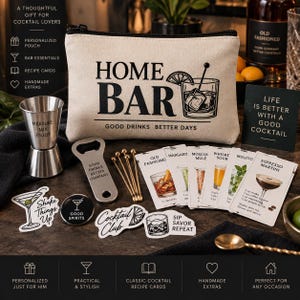 May include: A beige canvas zippered pouch printed with HOME BAR and a cocktail illustration, accompanied by a stainless steel jigger, a metal bottle opener, gold cocktail picks, and a set of illustrated cocktail recipe cards with text.