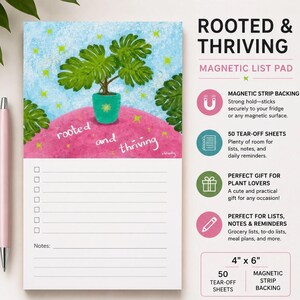 Magnetyczny notatnik „Rooted & Thriving” | Prezent dla miłośnika roślin | Notatnik na lodówkę | Botaniczna lista rzeczy do zrobienia | Magnetyczny notatnik | Oryginalne dzieło sztuki