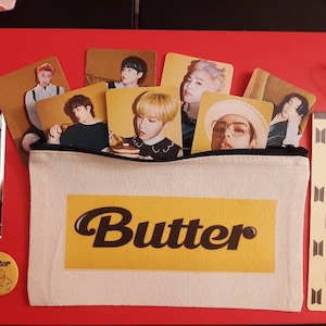 BTS Butter Gift Pouch with Photocards , Bookmark , Button Badge Pin (Bag Collectible Bangtan Sonyeondan RM Jin Suga Jhope Jimin V, Jungkook)