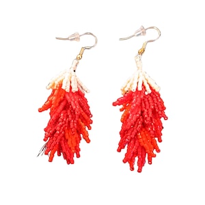 Puede incluir: Un par de pendientes de cuentas con un diseño en forma de pluma. Los pendientes presentan un degradado de colores, empezando por el blanco en la parte superior, pasando por el naranja y terminando con cuentas rojas. Los pendientes tienen ganchos dorados.