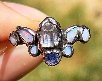Herkimer Diamond Moonstone Opal Ring: Sterling Silver Cluster, Size 7.25