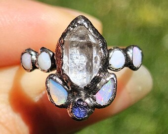 Herkimer Diamond, Moonstone & Opal Sterling Silver Ring - Size 7.75