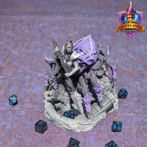 May include: A detailed miniature figurine of a warrior with a large purple and gray insect-like creature. The warrior is holding a weapon. Several black dice with white numbers are scattered around the base. The logo for Fates End Blackwater Forge LLC is in the upper right.