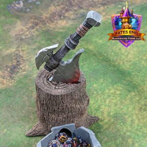 Barbarian Axe & Tree Stump 3D Printed Dice Tower: Fate's End Collection by Kim Bolt