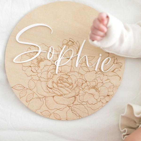 engraved floral name sign, customized baby name round, baby girl nursery decor, baby announcement sign, nursery decor, wood name sign