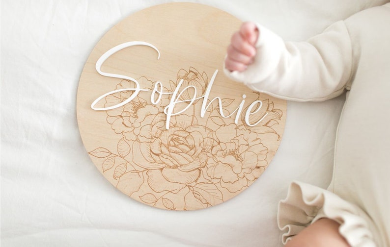 nursery decor baby girl nursery decor customized baby name round wood name sign boho floral name sign baby announcement sign