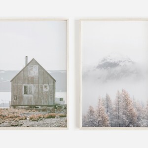 Warm Winter Print Set, Pine Tree Mountains, Winter Cottage Photo, Cabin Digital Art, Winter Landscape, Rustic Print Set, Modern Cabin Decor