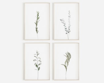 Minimalistische botanische muurkunstset van 4 prints, plantenmuurkunst, boerderijmuurdecor, botanische print, bladerenprints, kruidenprints, 4 stuk kunst