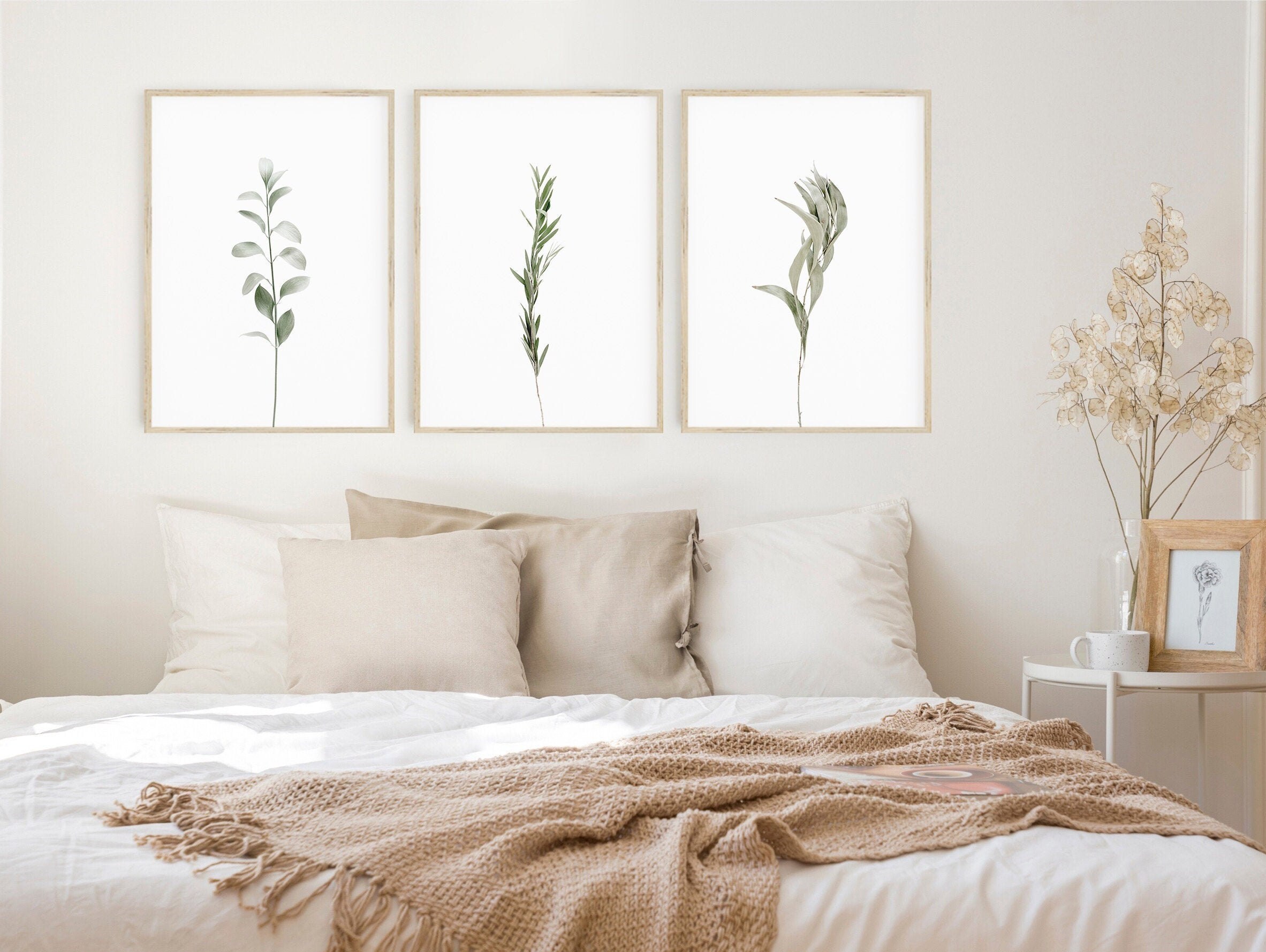 Minimalist Botany Print Set, Set of 3 Wall Art Prints, Green Leaves Set ...