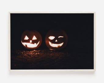 Jack O Lantern Pumpkins Print, Halloween Wall Art, Festive Decor, Autumn Pumpkin Poster, Carved Pumpkins, Glowing Halloween Jack O Lantern