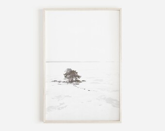 Schneebedeckter See, minimalistischer Baum Foto, Winter digitale Kunst, verschneite Winterlandschaft, Urlaub Dekor, rustikale moderne Druck, Winter See Foto