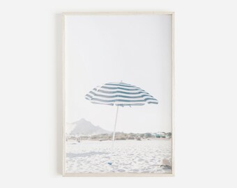 Blue Beach Umbrella Print, Beach Umbrella Printable, Neutral Wall Art, Beach Photography, Downloadable Print, Printable Art