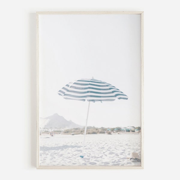 Blue Beach Umbrella Print, Beach Umbrella Printable, Neutral Wall Art, Beach Photography, Downloadable Print, Printable Art