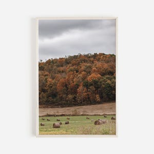 Hay Bales In Autumn Field Print, Rustic Home Decor, Farmhouse Scenery Poster, Autumn Forest Foliage Art, Warm Autumn Rustic Decor