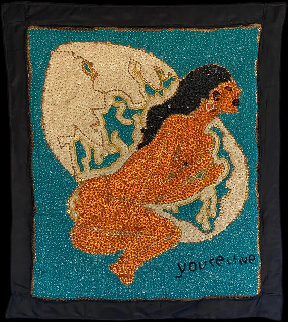 Bather ("Baigneuse”) Haitian Sequin Flag – Handmade Wall Art by Youseline Vital | Female Figure Art