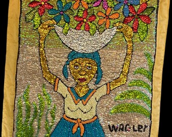 Machann Flè Haitian Sequin Flag – Handmade Beaded Folk Art by Wagler Vital - Flower Seller