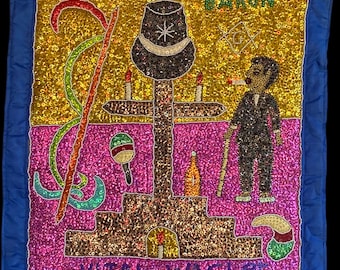 Baron Samedi Haitian Voodoo Sequin Flag – Handmade Spirit Art by Wagler Vital