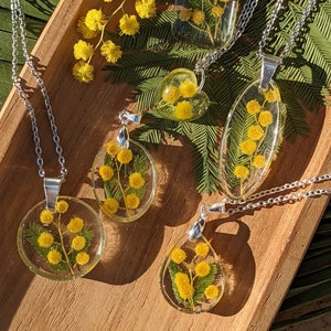 Necklace with pendant made of real yellow mimosa flowers