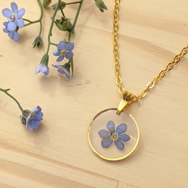 Collier en vrai fleurs bleues de myosotis "NE M'OUBLIEZ PAS"