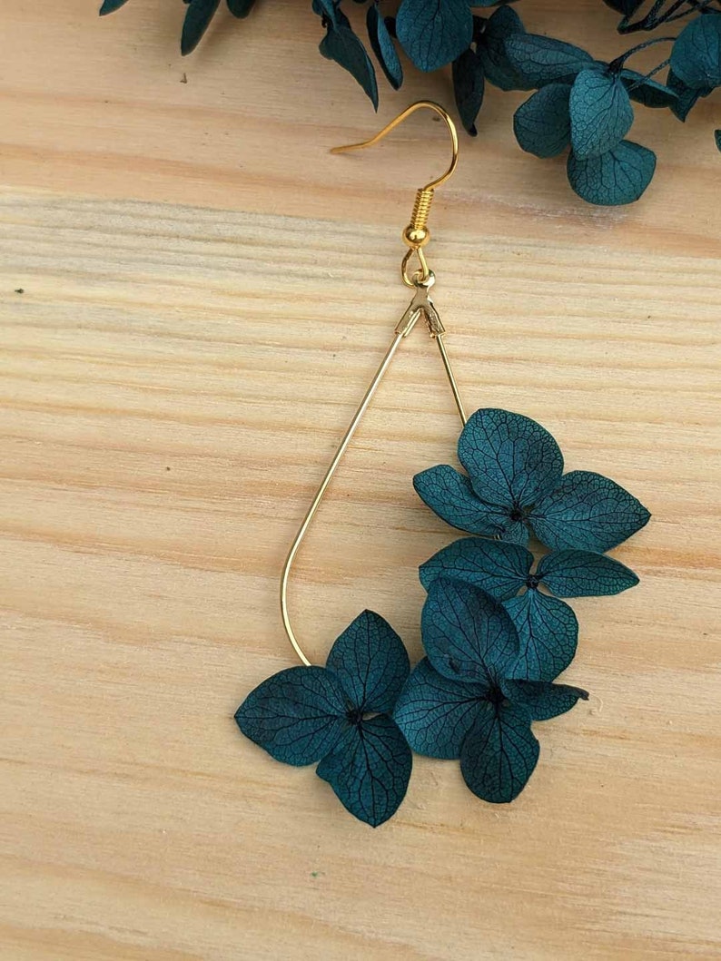 Boucles d'oreilles en vrai fleurs d'hortensia Bleu canard 13