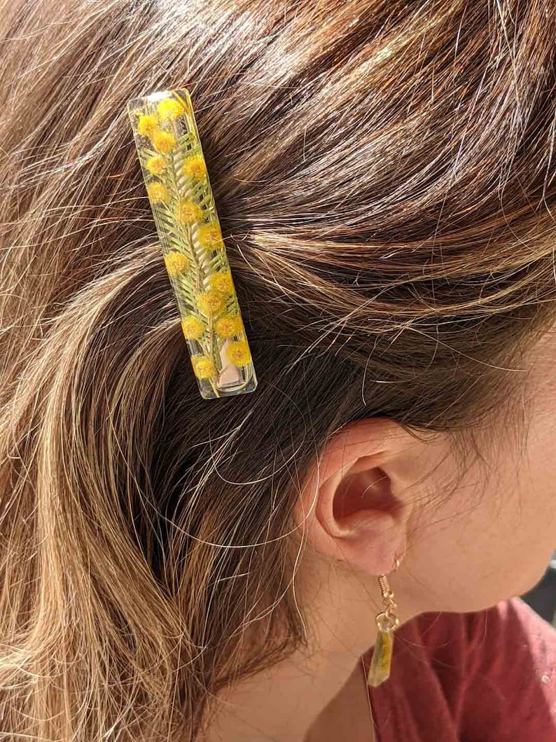 Barrette à cheveux en vrai fleurs Mimosa jaune