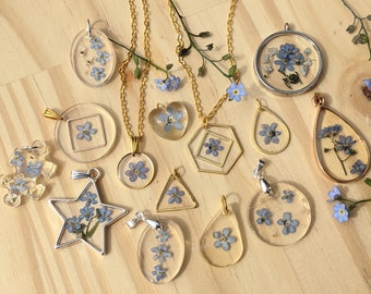 Necklace in real blue flowers of forget-me-not "DO NOT FORGET ME"