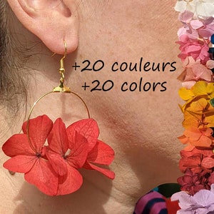 May include: Gold hoop earrings with a cluster of red dried hydrangea flowers.  +20 colours +20 colours