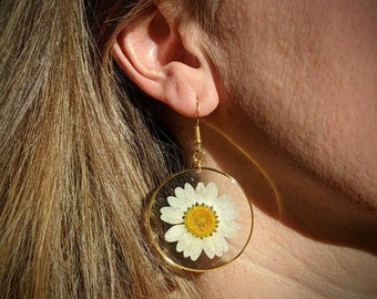 DAISY real white daisy dangling earrings