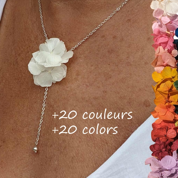 Collier en vrai fleurs d'hortensia blanches